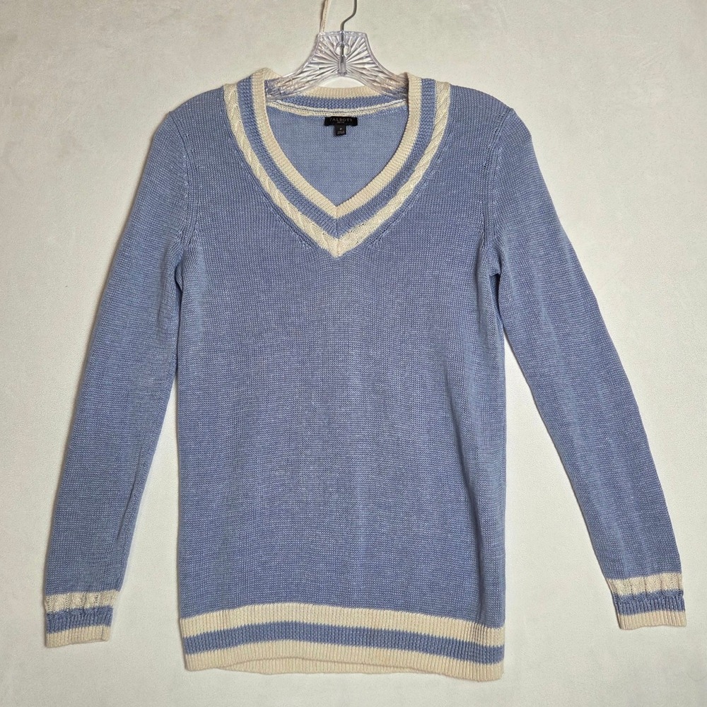 Talbots V-Neck Sweater Petit P Blue Linen Knit Striped Collegiate Preppy Coastal